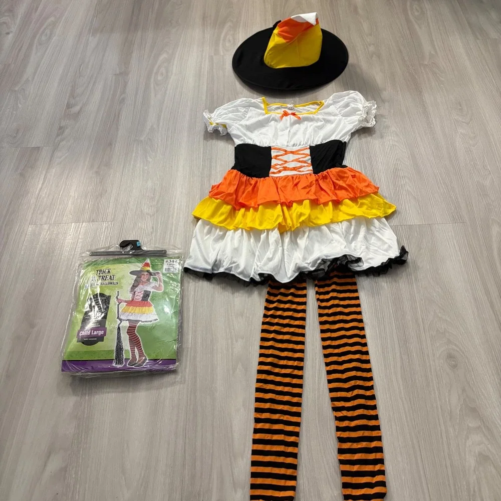 Trick or Treat Brujita Halloween Girl Costume Witch Dress Hat Tights Size Large